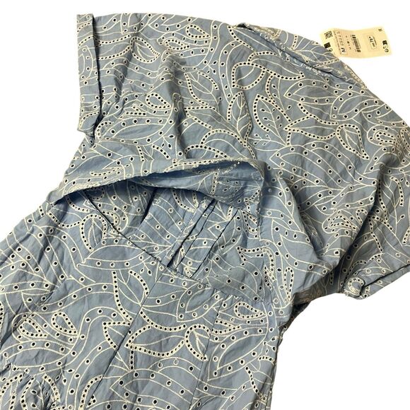 ZARA‎ Dress WMNS M Blue Embroidered Eyelet Midi  Shirt Cutwork V-Neck 7946/528 - Picture 16 of 16